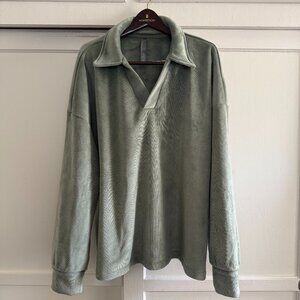 Sage Green Corduroy V-Neck Shirt – Soft Textured, Size XXL